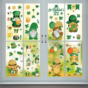 Detailed view of St. Patrick's Day window decals with lucky clover and gnome patterns