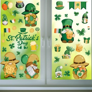 Close-up of St. Patrick's Day window clings with Irish gnomes and lucky clover designs