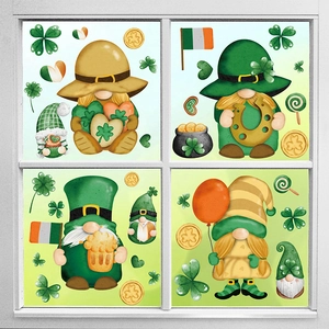 Macro view of St. Patrick's Day window decals with gnomes, shamrocks and gold coins