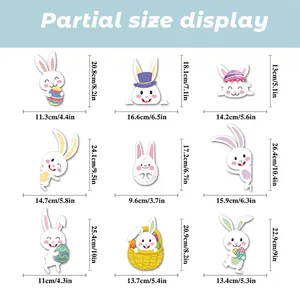 Detailed size chart for 9 styles of Easter bunny wall stickers with dimensions in cm and inches
