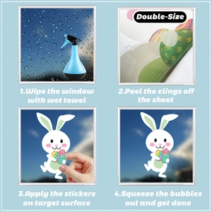 Easter bunny window clings showing a 4-step installation guide on glass surfaces