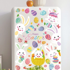 Detail of Easter stickers with cute bunnies and Happy Easter text on white surface