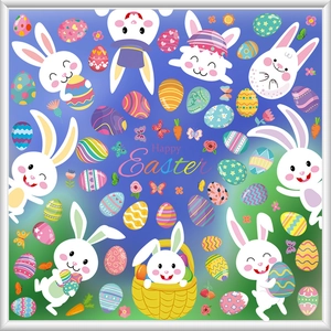 Vibrant Happy Easter window decals featuring cartoon bunnies and colorful patterned eggs