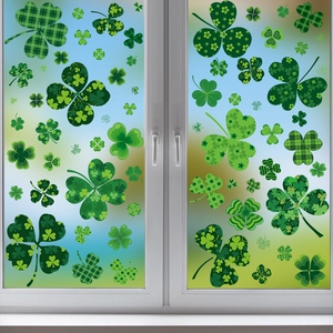 Detail of green shamrock window stickers in various patterns for St. Patrick's Day decor