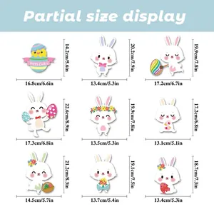 Easter static window stickers size chart featuring cute bunnies and eggs in 3x3 layout