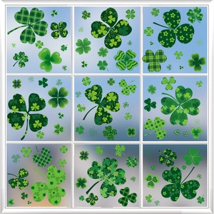 Macro detail of various green shamrock window stickers for St. Patrick's Day decor
