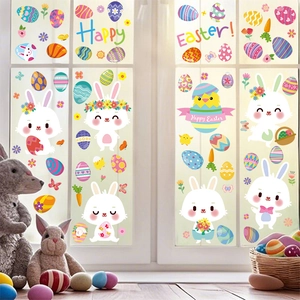 Detail of Easter static window clings with cute bunnies and colorful eggs on glass