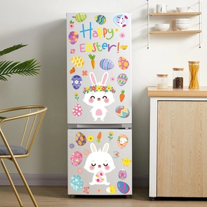Close-up of Easter stickers with cute bunnies and eggs on a white refrigerator
