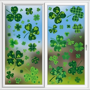 Close-up of Saint Patrick's Day clover static window clings on a white glass frame