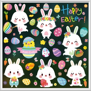 Detail of Easter stickers featuring white rabbits, colorful eggs, and chicks on green backdrop