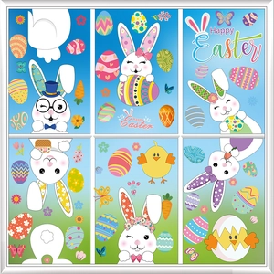 Detailed view of colorful Easter window decals featuring bunnies, chicks, and eggs