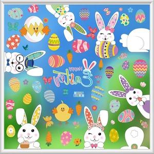 Detailed view of colorful Easter static stickers with bunnies, chicks and painted eggs