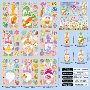 Detail showing 9 sheets of 20x30cm double-sided Easter gnome static window stickers