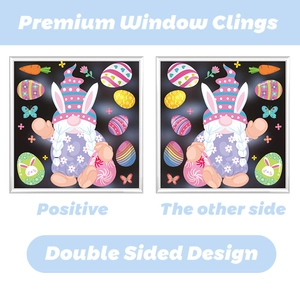Double-sided Easter gnome window clings with colorful eggs and rabbit designs