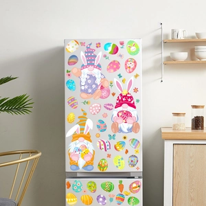 Detailed view of colorful Easter gnome and egg stickers applied on a white refrigerator