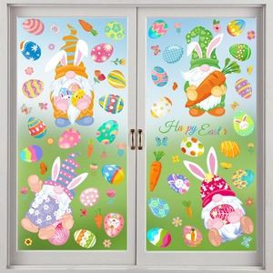 Detailed view of colorful Easter gnome static window clings on glass doors