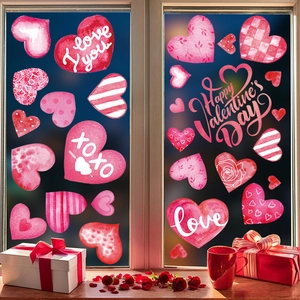 Rosa Herz-Fensteraufkleber mit Geschenkbox und Rosen für Valentinstag Dekoration