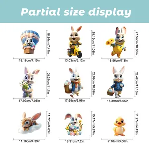 Size chart for Easter bunny stickers including rabbits in hot air balloons and scooters