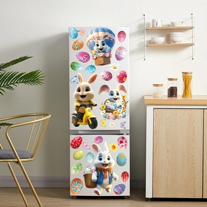 Detailed view of colorful Easter bunny and egg static stickers on a white refrigerator