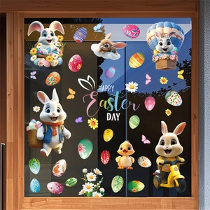 Detailed view of colorful cartoon Easter bunny static stickers on a glass door