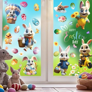 Easter window stickers featuring cartoon bunnies and colorful eggs for festive decoration