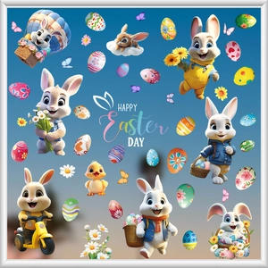 Detailed Easter wall decals set featuring cartoon bunnies and colorful eggs on blue background