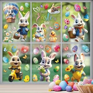 Easter bunny static window decals applied on a white glass window in a cozy garden setting