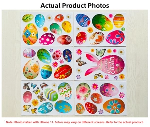 Set of 6 Easter window static stickers with eggs, daisies, bunnies on wood background