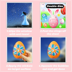 Step-by-step installation guide for Happy Easter window clings featuring colored eggs
