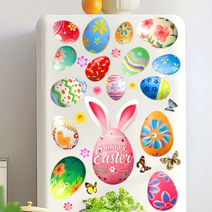 Easter egg and bunny ear stickers on a white fridge with Happy Easter text