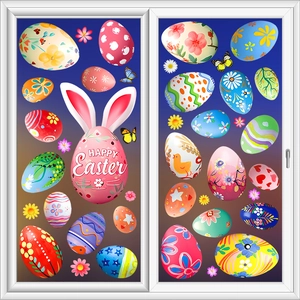 Detailed view of colorful Easter egg window stickers with Happy Easter bunny ears design