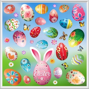 Detail of colorful Easter egg wall stickers with Happy Easter text and floral butterfly designs