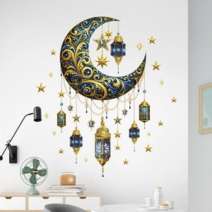Detailed close-up of crescent moon and hanging lanterns wall sticker for home decor