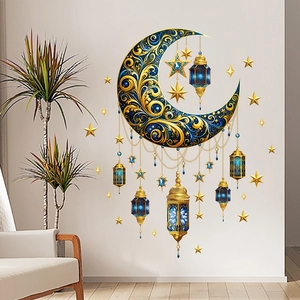 Blue and gold crescent moon with hanging lanterns wall stickers for festive room decor