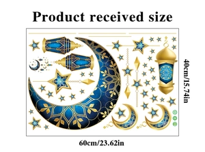 Detailed dimensions of blue and gold moon star Ramadan wall stickers 60x40cm