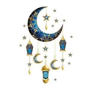 Blue Ramadan wall stickers featuring starry moon, hanging gold lanterns and stars for home