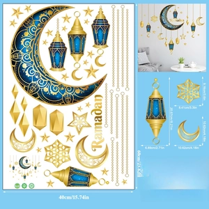 Detail view of 46-piece blue and gold Ramadan wall decals with moon and star size dimensions