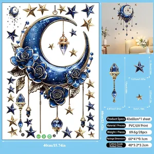 Detail view of 3D moon and blue rose wall stickers with size dimensions for decoration