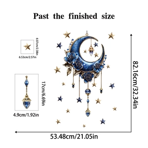 Detailed size chart for 3D blue moon and stars wall sticker with hanging crystal pendant