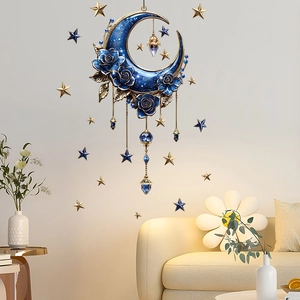 Elegant 3D blue crescent moon and stars wall stickers with rose and crystal pendants