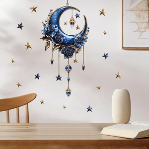 3D celestial moon wall sticker with blue roses and stars for home interior decoration