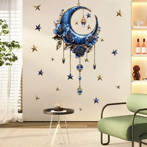 3D moon wall sticker with blue roses and crystal pendants for home wall decoration