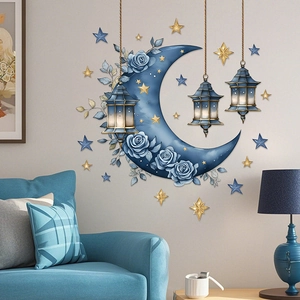 Eid festive wall stickers with blue roses moon and gold stars for home window decoration