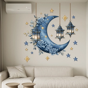 Eid Moon and Star wall stickers with blue roses and golden lanterns for window decor