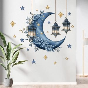 Detail of blue crescent moon with gold lanterns and stars wall stickers on white wall