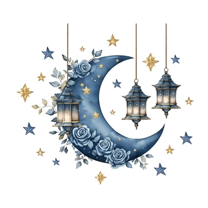 Blue crescent moon wall sticker with roses, hanging lanterns and gold stars for decor