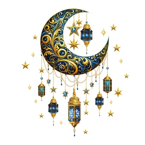 Golden moon and star wall stickers with hanging blue lanterns for Ramadan decor