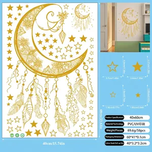 Detailed specs for gold moon dreamcatcher wall sticker, PVC material with UV printing