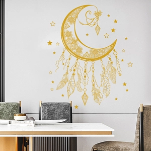 Golden mandala moon and stars self-adhesive wall decal for modern bedroom decor