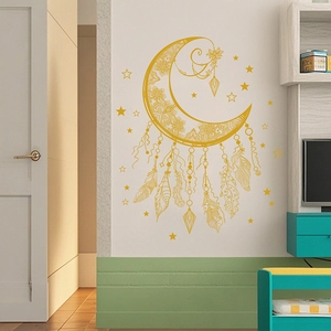 Golden moon dreamcatcher self-adhesive PVC wall sticker with stars and feathers for bedroom decor